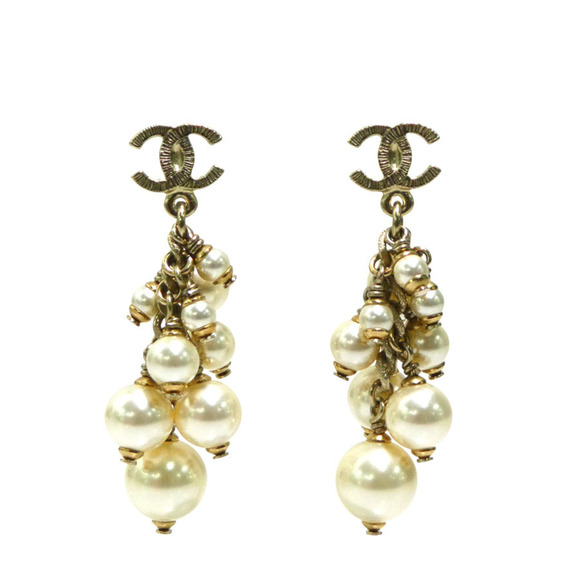CHANEL Authentic White Pearl Logo Earrings